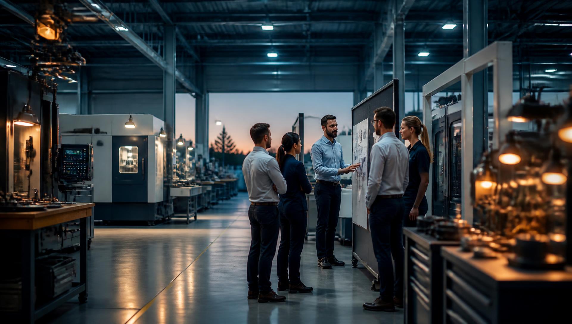 Manufacturing leaders reviewing a shop-floor huddle board at dusk